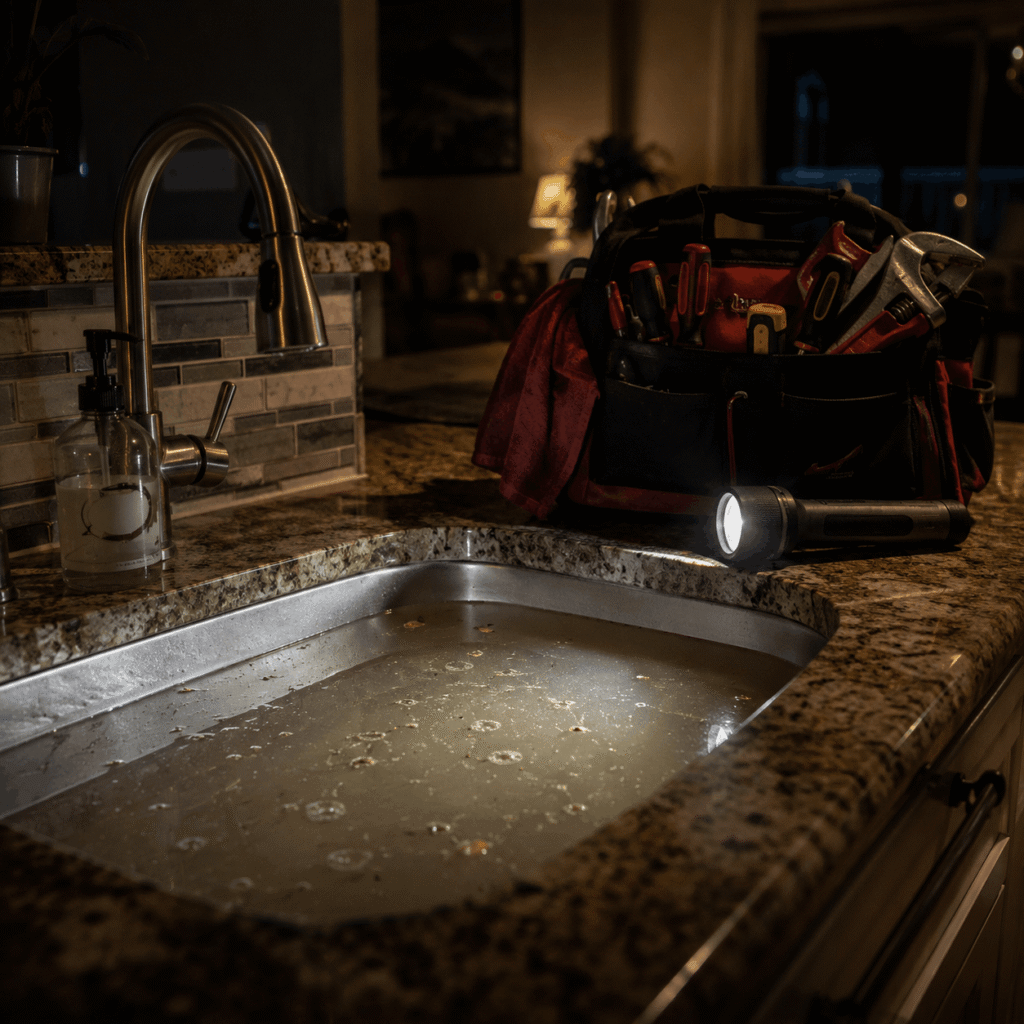Slow-draining kitchen sink with standing water at night