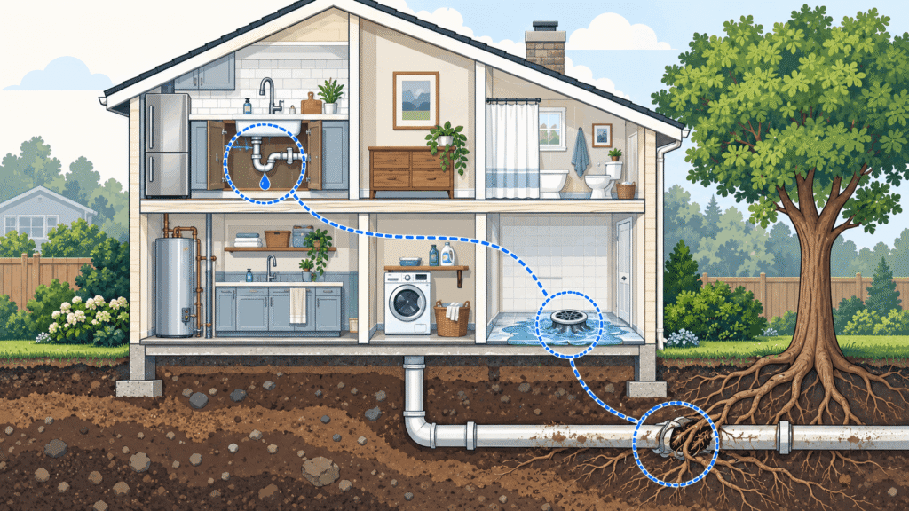 House cutaway showing common plumbing problems.