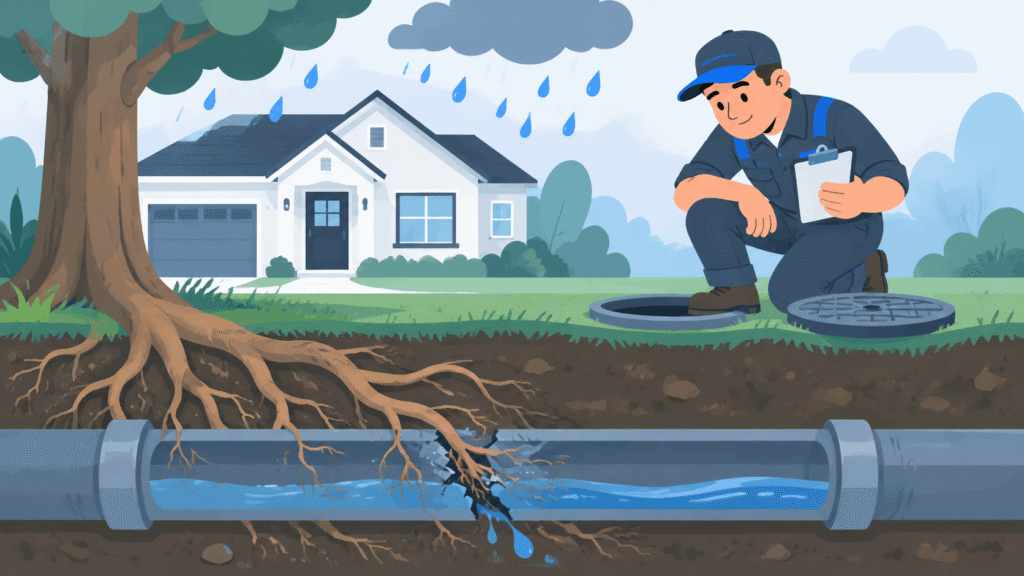 Illustration of tree roots cracking a sewer pipe underground while rain falls above a Burbank home