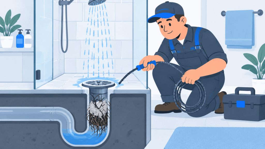 Illustrated Burbank plumber inspecting a shower drain clogged with hair and soap scum buildup