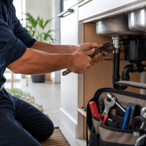 Plumber repairing a pipe under a kitchen sink