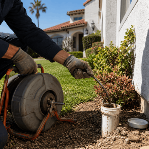 Plumber clearing an outdoor sewer cleanout pipe