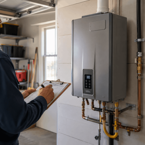 Plumber inspecting a tankless water heater in a garage