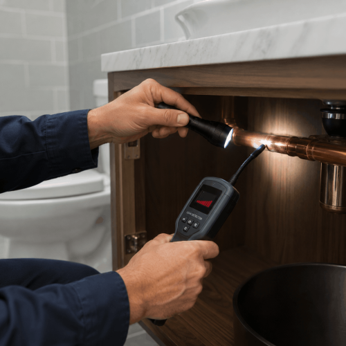 Leak detection tool used on a copper pipe