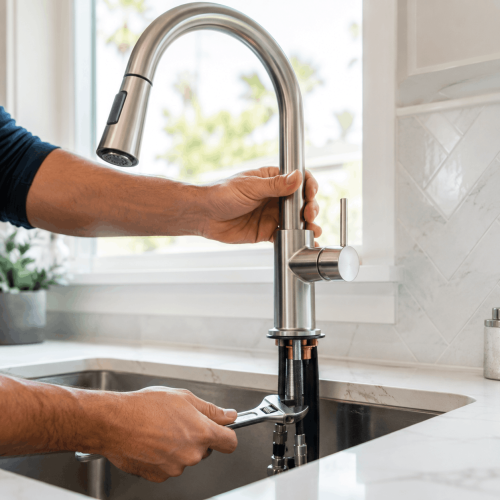 Hands installing a modern kitchen faucet on a quartz countertop in a Burbank, CA home renovation